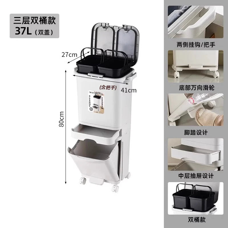 Kitchen Tra Can Large Capaci 32L with Lid Home Use Wet And Dry Separation Classin Tra Can for Household Cleaning...