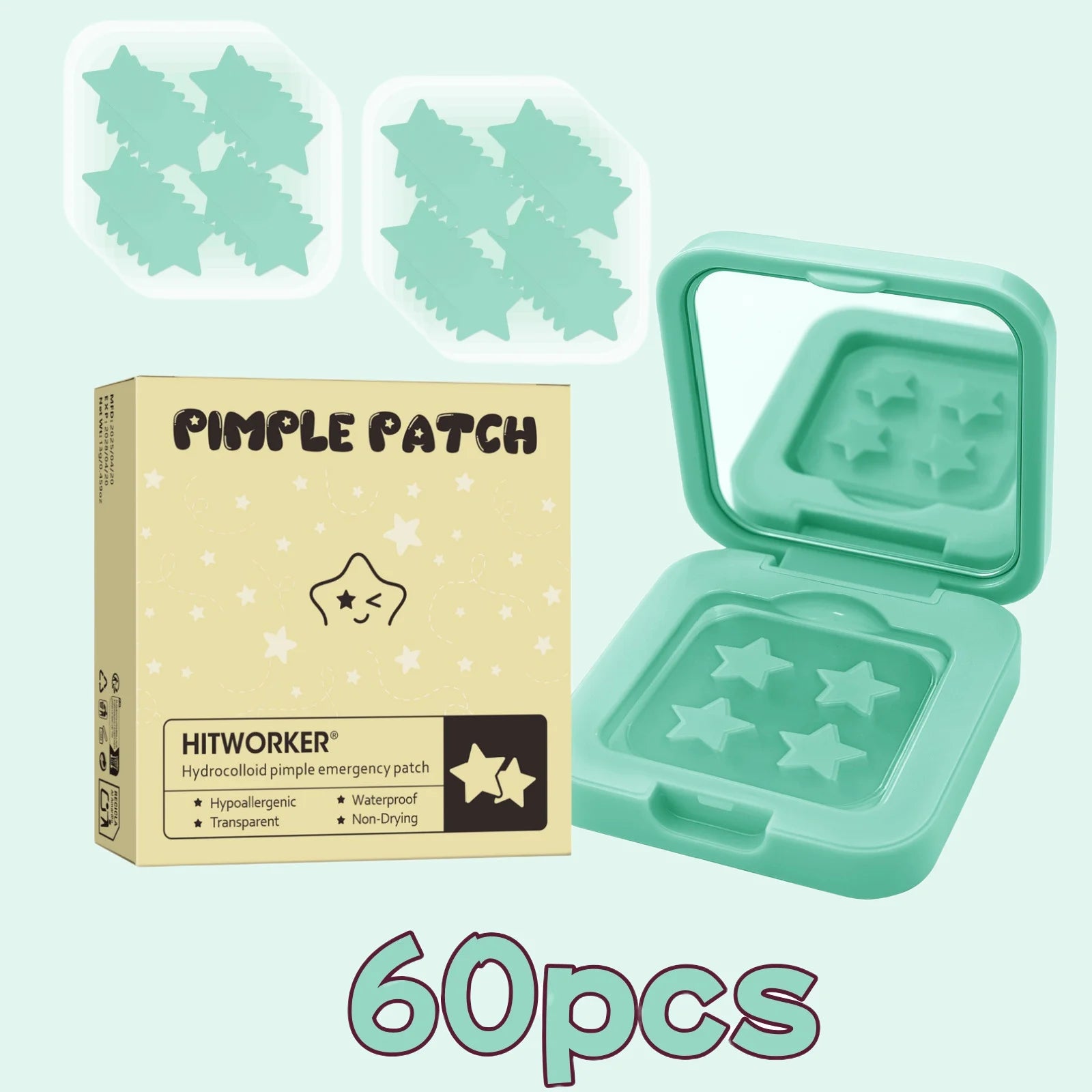 60pcs Star Acne Patches, 4 Colors, Hydrocolloid Cover, Mirror Case Included